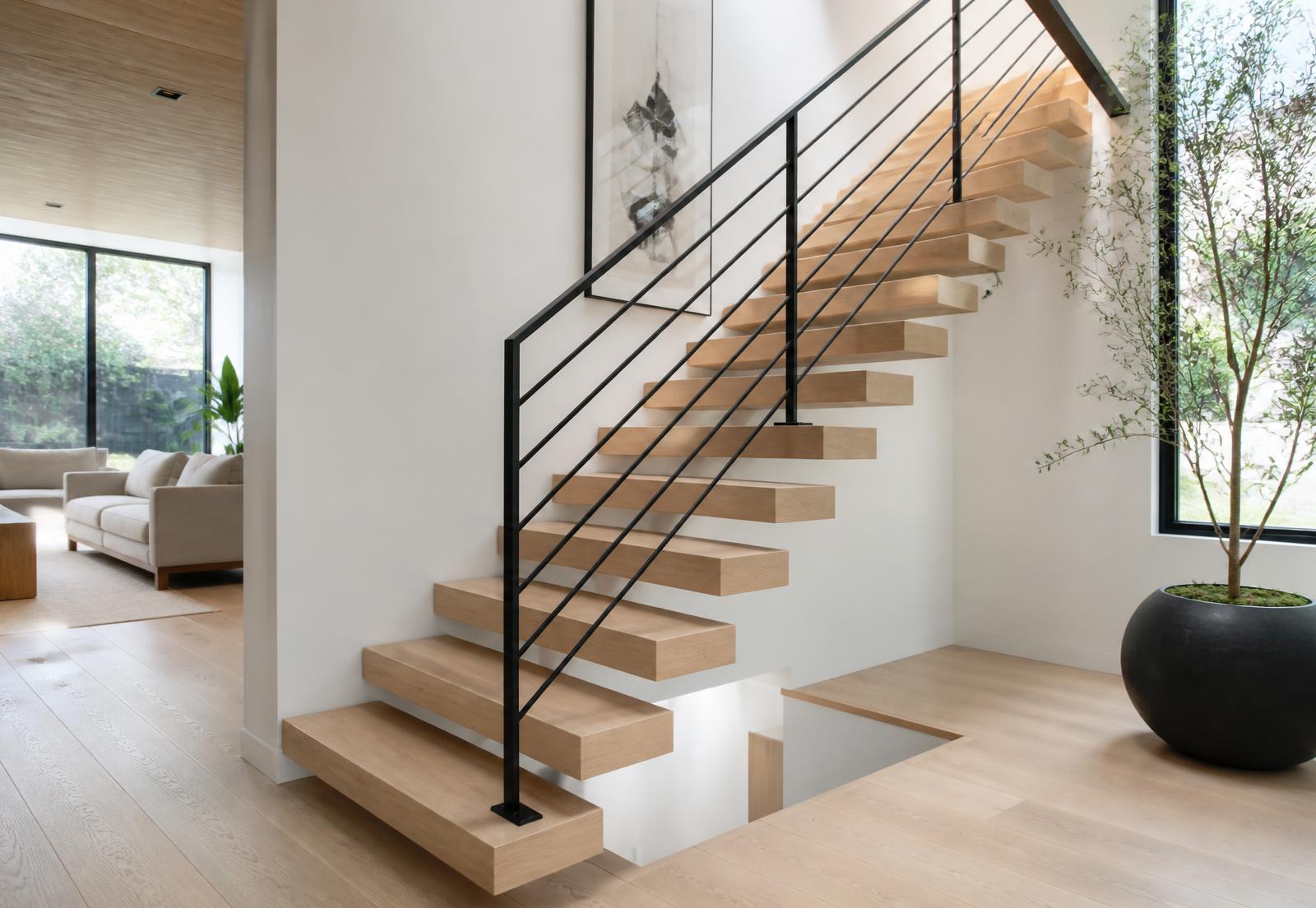Modern floating oak staircase with a slim black metal railing in a bright residential interior